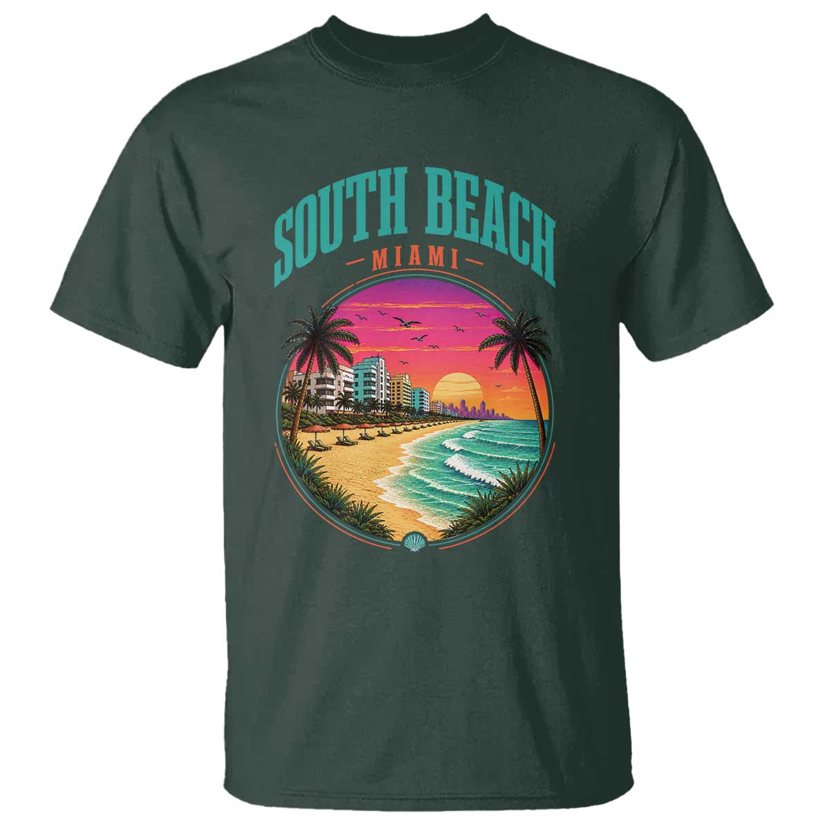 South Beach Miami T Shirt Retro Florida USA Souvenir Gift TS14 Dark Forest Green Print Your Wear