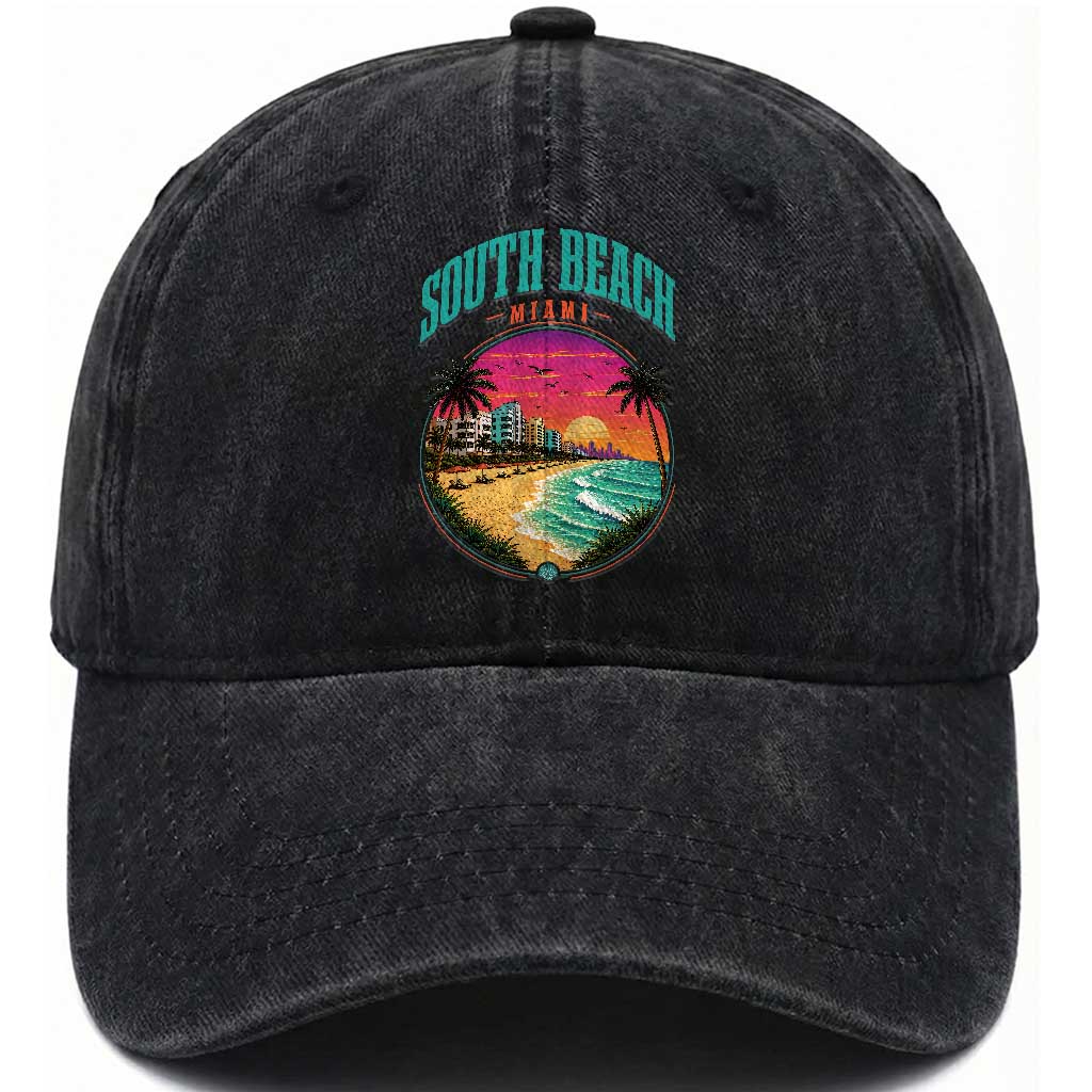 South Beach Miami Washed Cotton Baseball Cap Retro Florida USA Souvenir Gift TS14 Print Your Wear