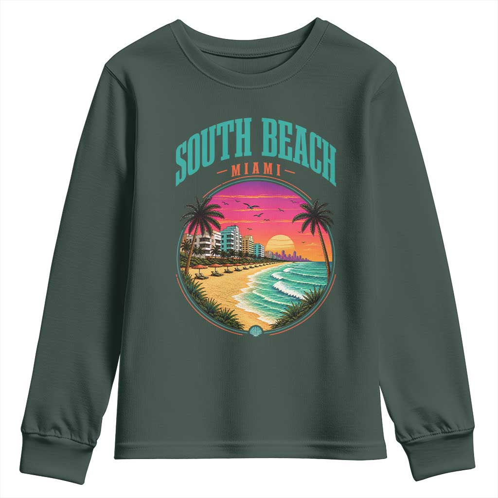 South Beach Miami Youth Sweatshirt Retro Florida USA Souvenir Gift TS14 Dark Forest Green Print Your Wear