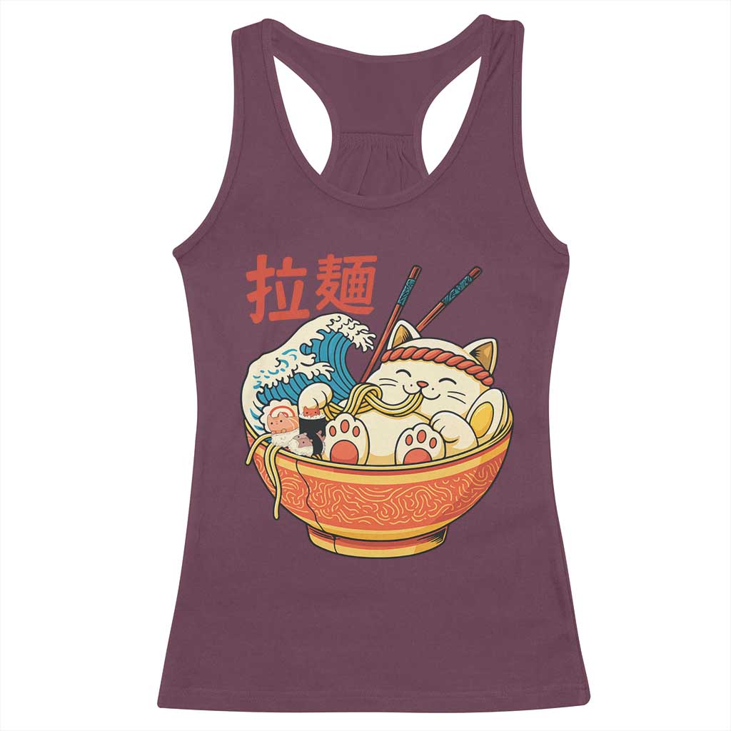 Funny Cat Ramen Racerback Tank Top Cute Japanese Sushi Kitty Eating Noodles TS14 Maroon Print Your Wear