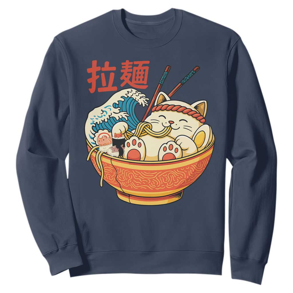 Funny Cat Ramen Sweatshirt Cute Japanese Sushi Kitty Eating Noodles TS14 Navy Print Your Wear