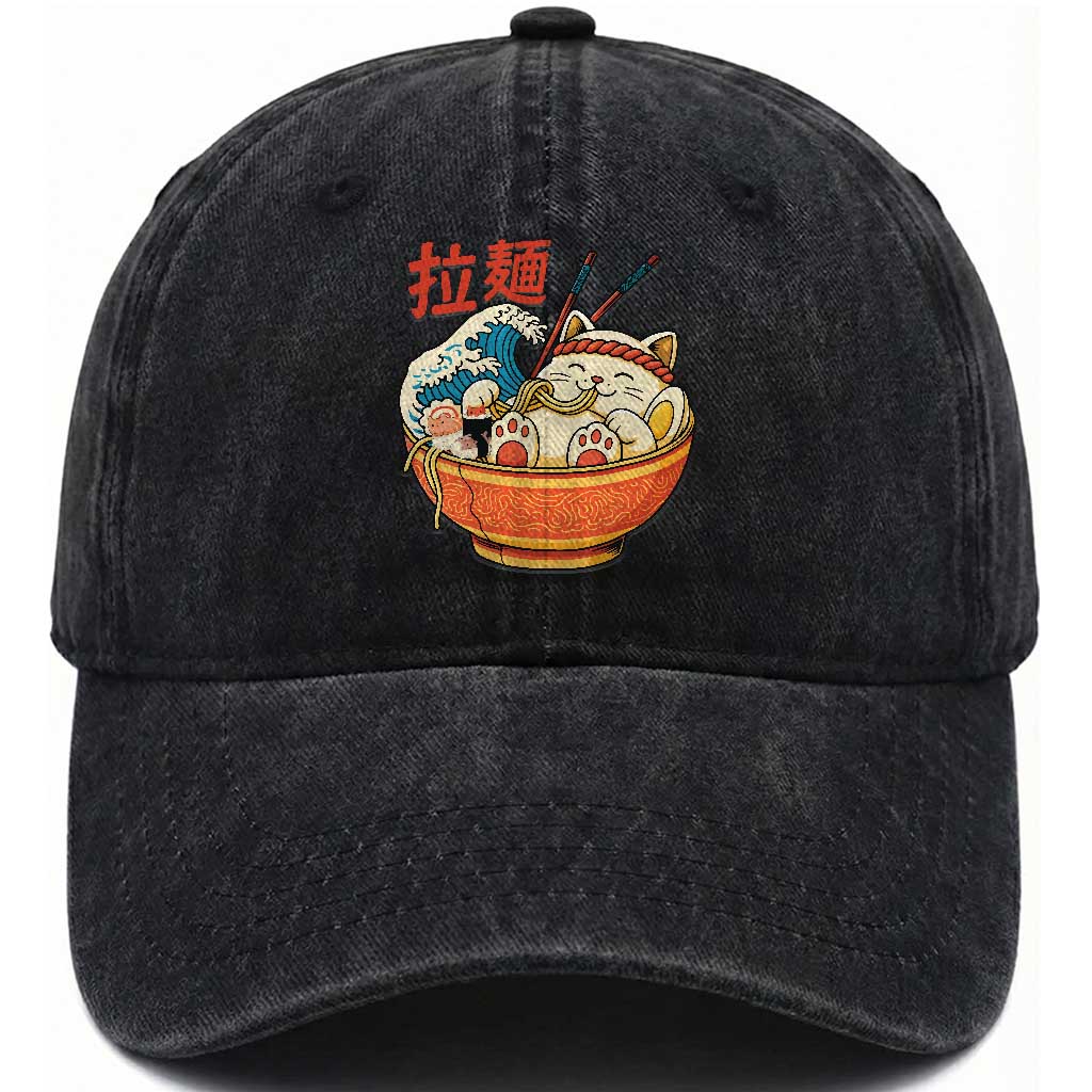 Funny Cat Ramen Washed Cotton Baseball Cap Cute Japanese Sushi Kitty Eating Noodles TS14 Washed Cap Universal Fit Black Print Your Wear