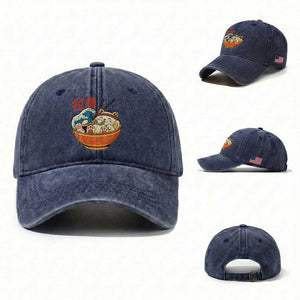 Funny Cat Ramen Washed Cotton Baseball Cap Cute Japanese Sushi Kitty Eating Noodles TS14 Washed Cap Universal Fit Navy Print Your Wear