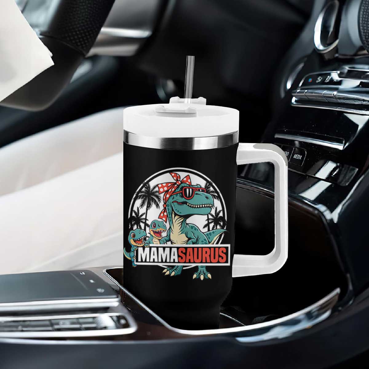 Mamasaurus Dinosaur Tumbler With Handle Funny Grandma Saurus Family Matching TS14 Print Your Wear