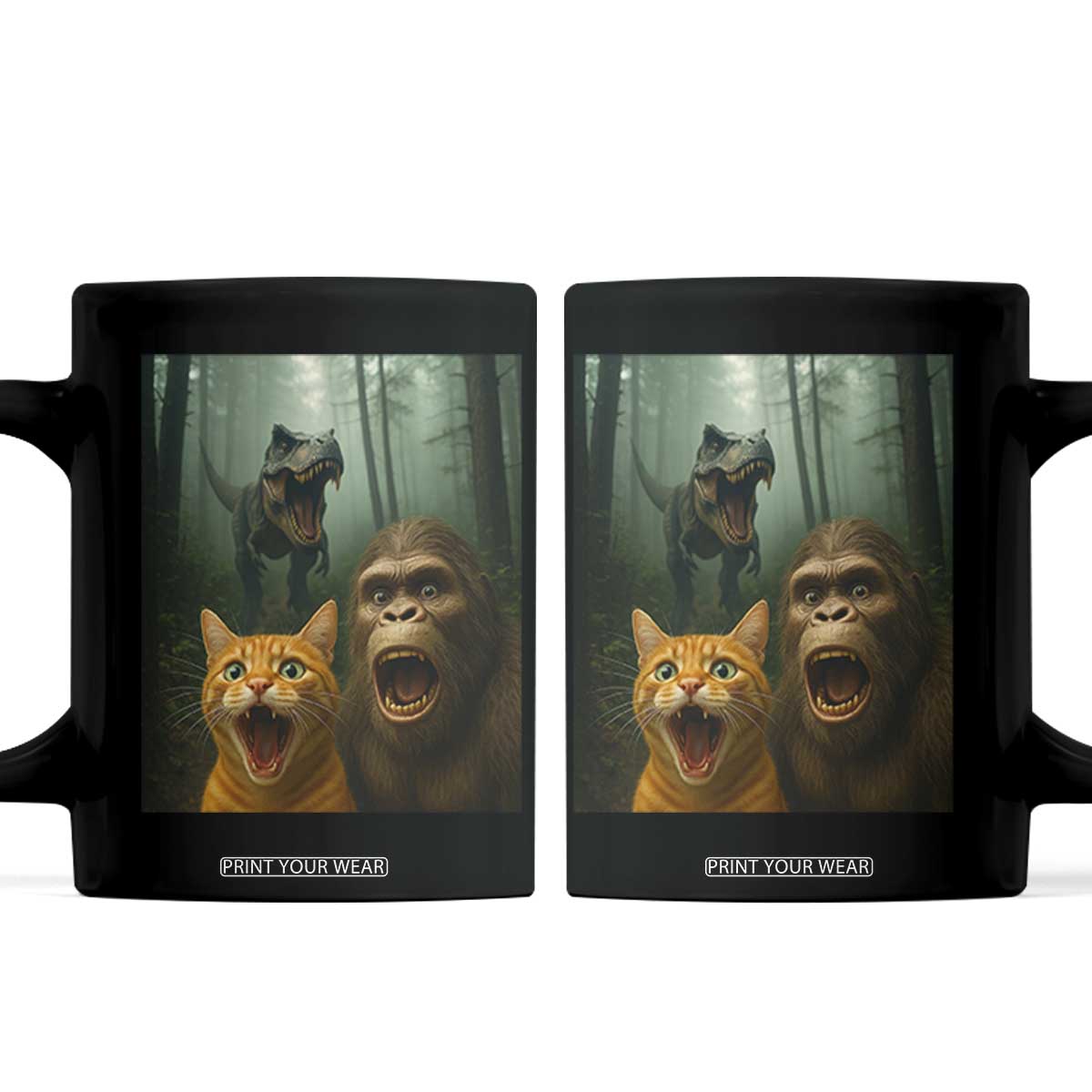 Cat Bigfoot Selfie With Dinosaur Coffee Mug Funny Surprised Scared Sasquatch Cat TS14 Black Print Your Wear