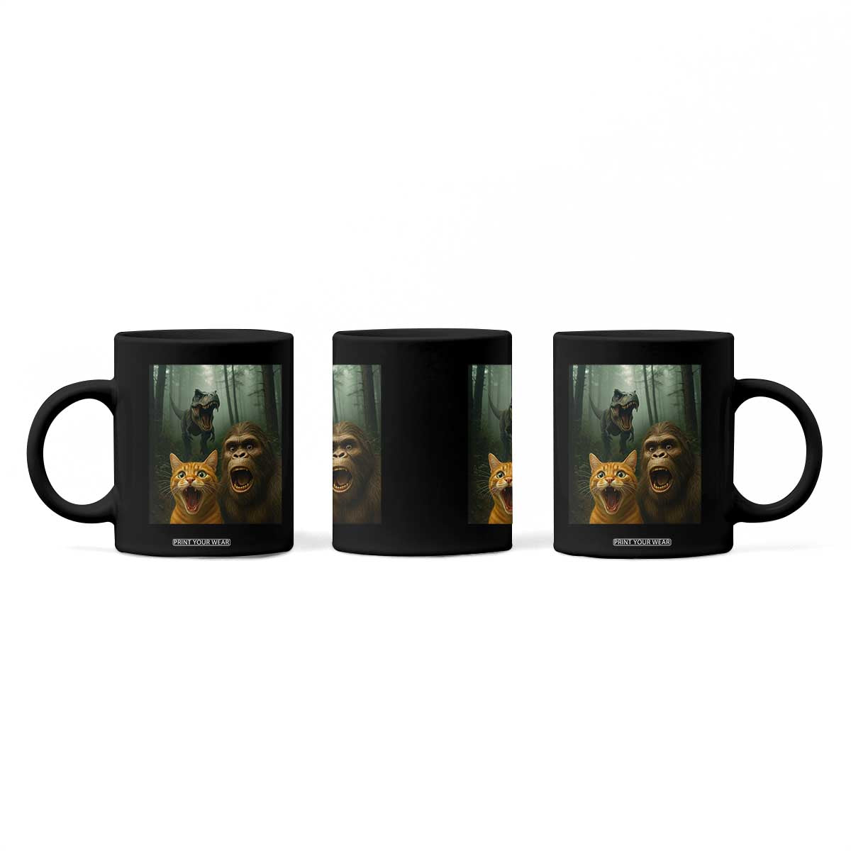 Cat Bigfoot Selfie With Dinosaur Coffee Mug Funny Surprised Scared Sasquatch Cat TS14 Print Your Wear