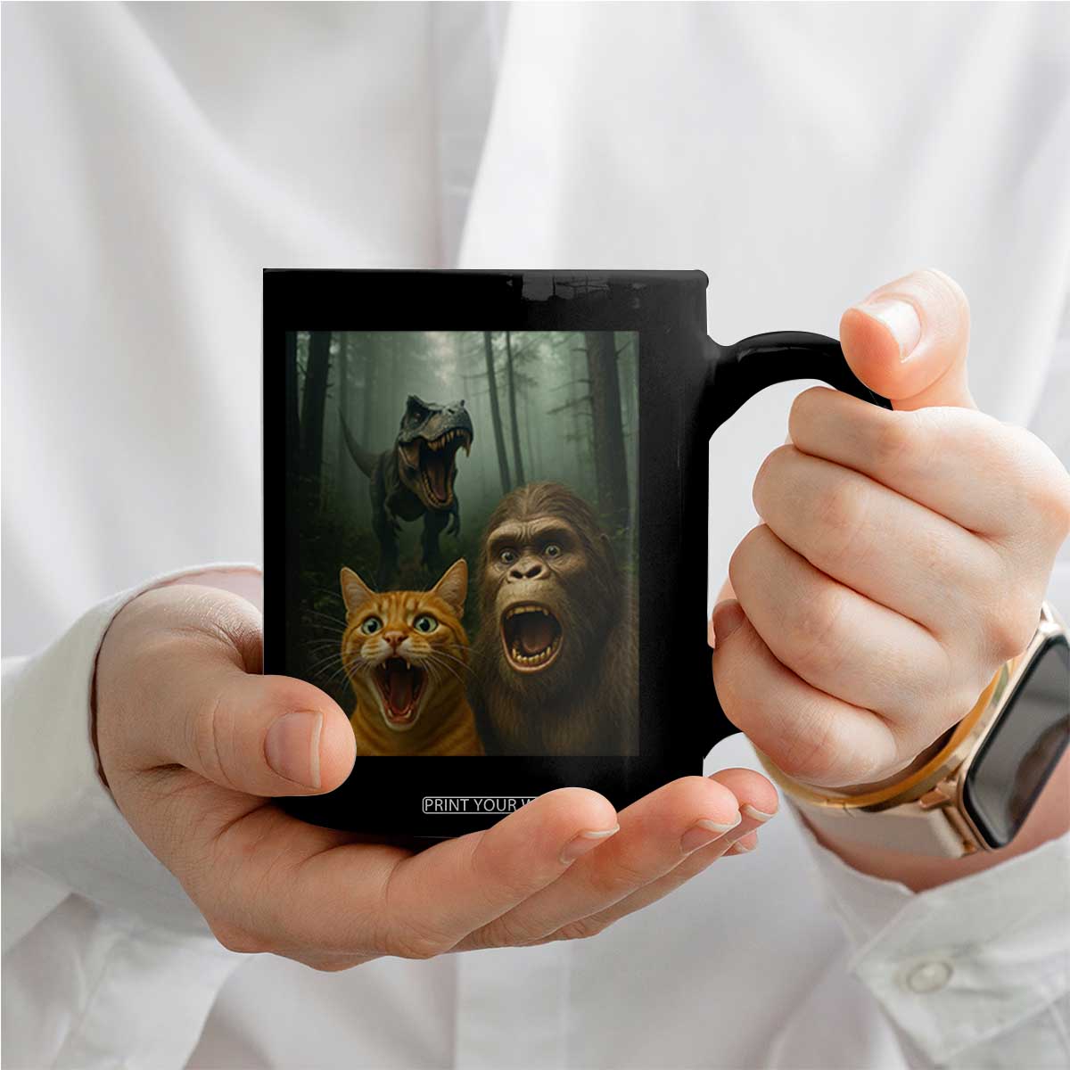 Cat Bigfoot Selfie With Dinosaur Coffee Mug Funny Surprised Scared Sasquatch Cat TS14 Print Your Wear