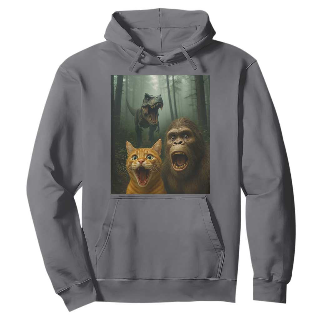 Cat Bigfoot Selfie With Dinosaur Hoodie Funny Surprised Scared Sasquatch Cat TS14 Charcoal Print Your Wear