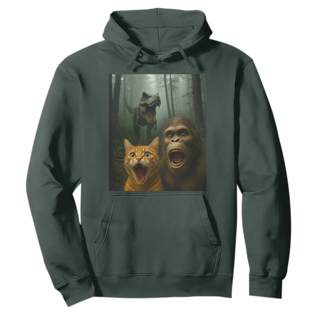 Cat Bigfoot Selfie With Dinosaur Hoodie Funny Surprised Scared Sasquatch Cat TS14 Dark Forest Green Print Your Wear