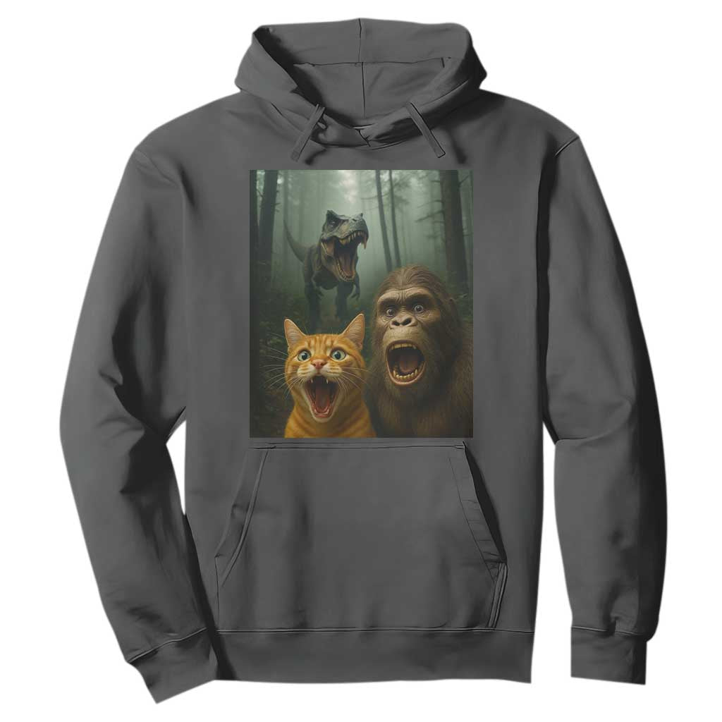 Cat Bigfoot Selfie With Dinosaur Hoodie Funny Surprised Scared Sasquatch Cat TS14 Dark Heather Print Your Wear
