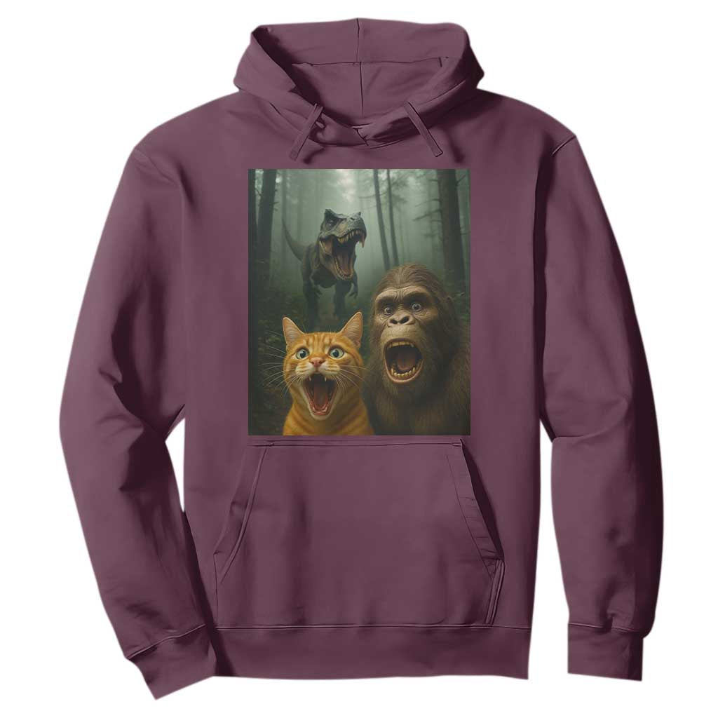 Cat Bigfoot Selfie With Dinosaur Hoodie Funny Surprised Scared Sasquatch Cat TS14 Maroon Print Your Wear