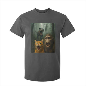 Cat Bigfoot Selfie With Dinosaur T Shirt For Kid Funny Surprised Scared Sasquatch Cat TS14 Dark Heather Print Your Wear