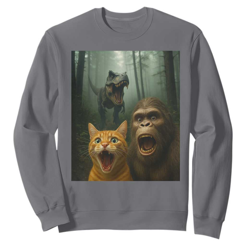Cat Bigfoot Selfie With Dinosaur Sweatshirt Funny Surprised Scared Sasquatch Cat TS14 Charcoal Print Your Wear
