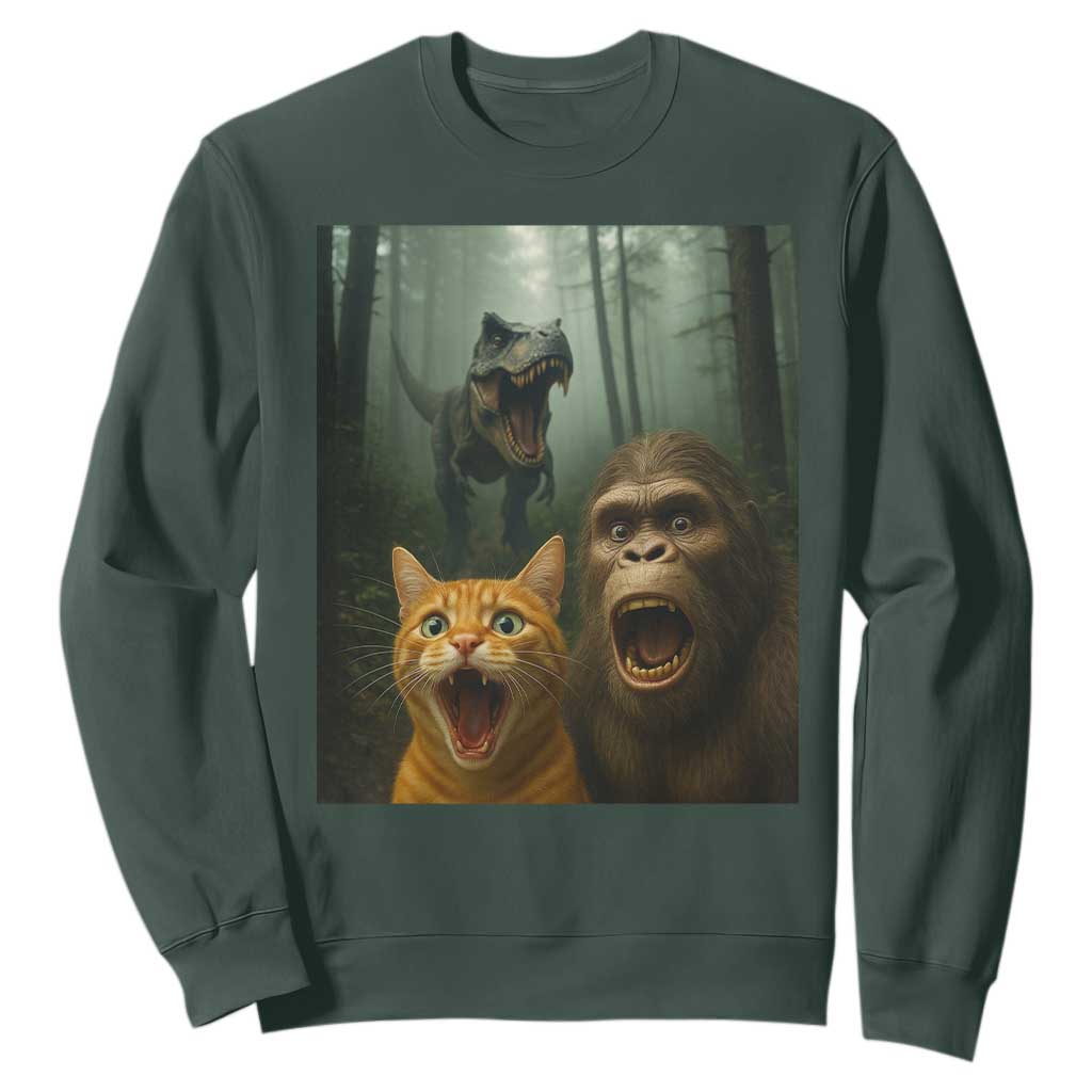 Cat Bigfoot Selfie With Dinosaur Sweatshirt Funny Surprised Scared Sasquatch Cat TS14 Dark Forest Green Print Your Wear