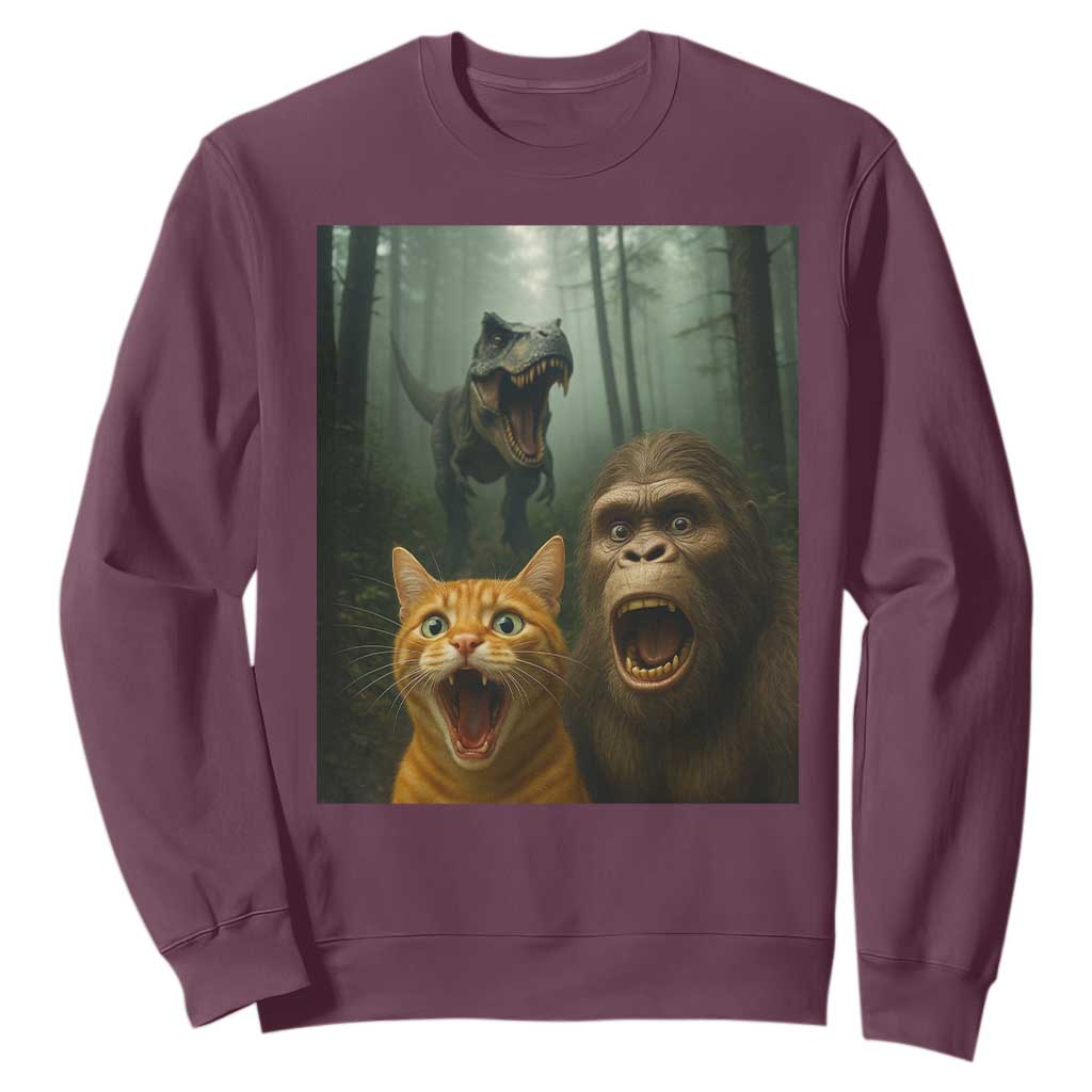 Cat Bigfoot Selfie With Dinosaur Sweatshirt Funny Surprised Scared Sasquatch Cat TS14 Maroon Print Your Wear