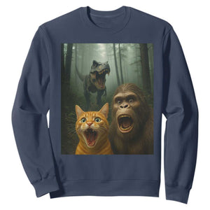 Cat Bigfoot Selfie With Dinosaur Sweatshirt Funny Surprised Scared Sasquatch Cat TS14 Navy Print Your Wear