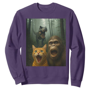Cat Bigfoot Selfie With Dinosaur Sweatshirt Funny Surprised Scared Sasquatch Cat TS14 Purple Print Your Wear