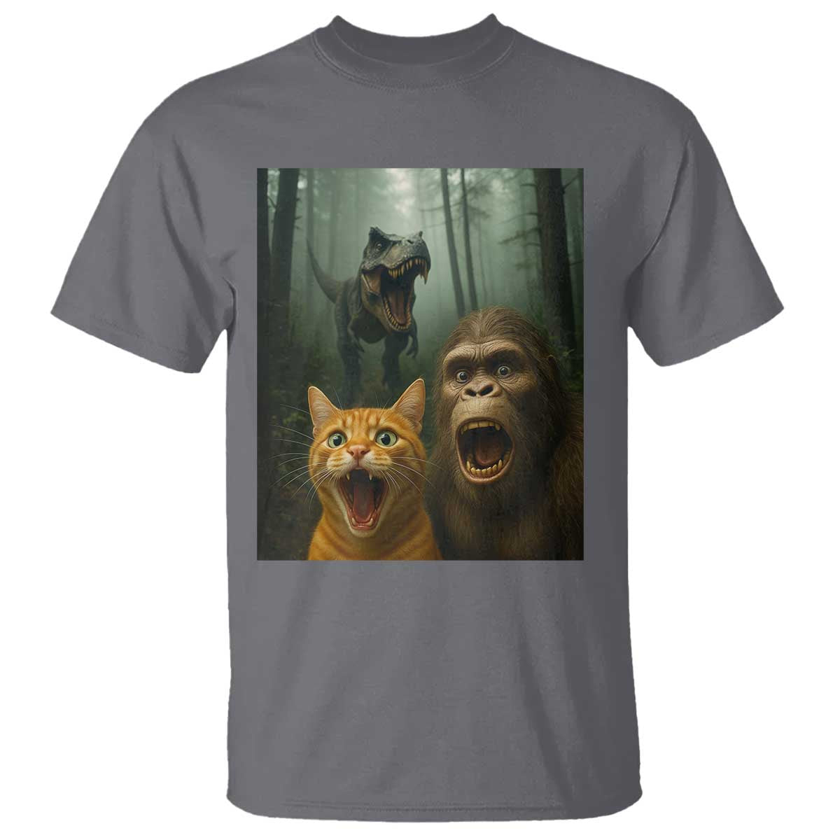 Cat Bigfoot Selfie With Dinosaur T Shirt Funny Surprised Scared Sasquatch Cat TS14 Charcoal Print Your Wear