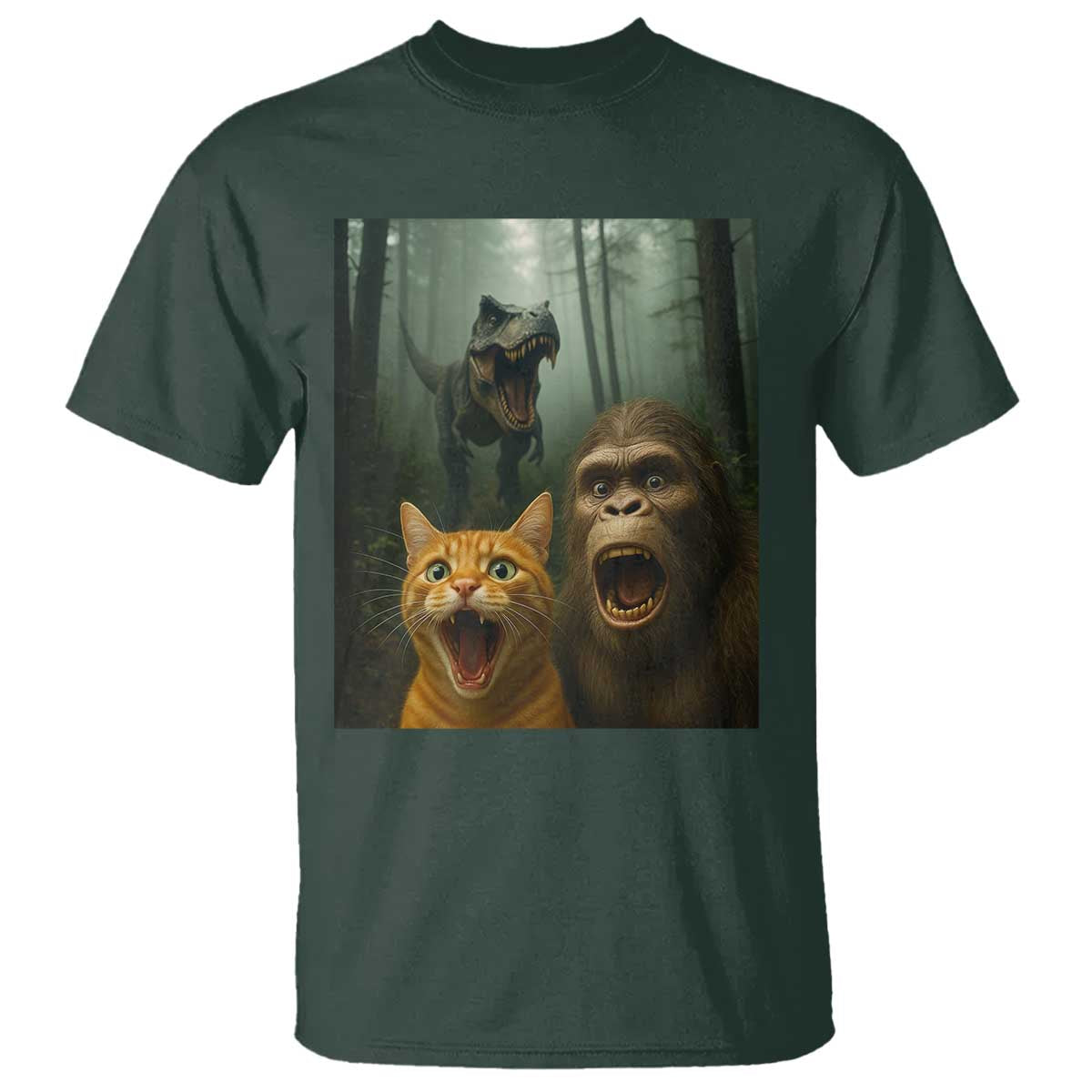 Cat Bigfoot Selfie With Dinosaur T Shirt Funny Surprised Scared Sasquatch Cat TS14 Dark Forest Green Print Your Wear