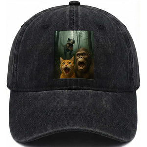 Cat Bigfoot Selfie With Dinosaur Washed Cotton Baseball Cap Funny Surprised Scared Sasquatch Cat TS14 Washed Cap Universal Fit Black Print Your Wear