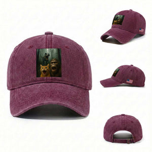 Cat Bigfoot Selfie With Dinosaur Washed Cotton Baseball Cap Funny Surprised Scared Sasquatch Cat TS14 Washed Cap Universal Fit Burgundy Print Your Wear