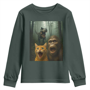 Cat Bigfoot Selfie With Dinosaur Youth Sweatshirt Funny Surprised Scared Sasquatch Cat TS14 Dark Forest Green Print Your Wear