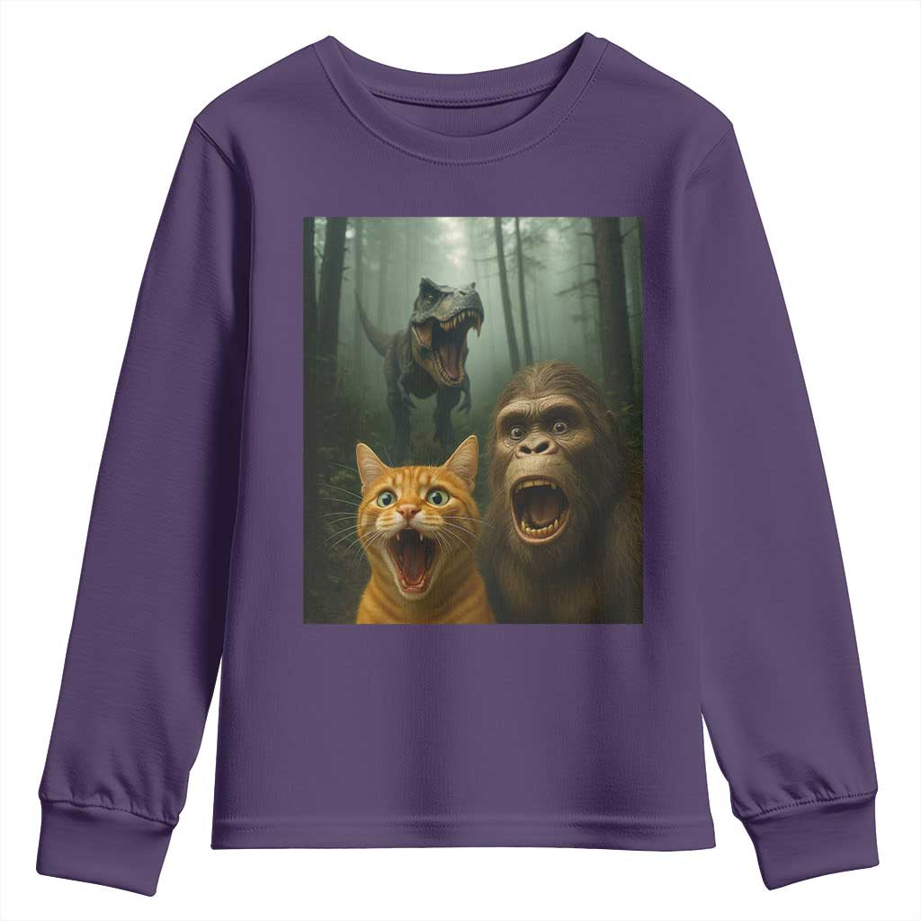 Cat Bigfoot Selfie With Dinosaur Youth Sweatshirt Funny Surprised Scared Sasquatch Cat TS14 Purple Print Your Wear