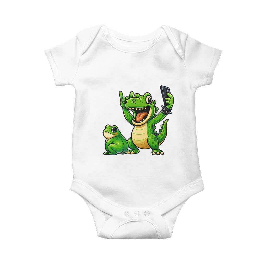 Funny Dinosaur Frog Selfie Baby Onesie Rock On Hand TS14 White Print Your Wear