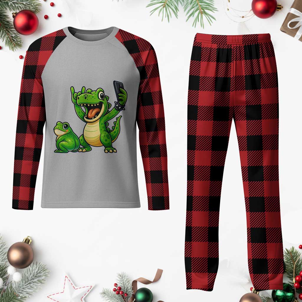 Funny Dinosaur Frog Selfie Plaid Pajama Set Rock On Hand TS14 Buffalo Plaid Print Your Wear
