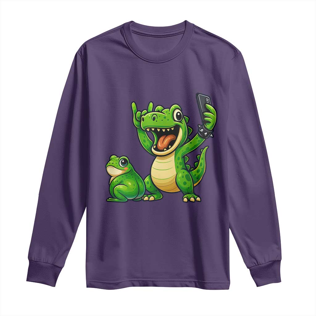 Funny Dinosaur Frog Selfie Long Sleeve Shirt Rock On Hand TS14 Purple Print Your Wear