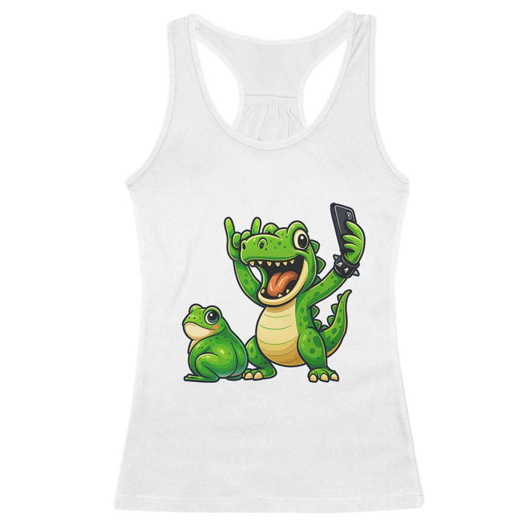 Funny Dinosaur Frog Selfie Racerback Tank Top Rock On Hand TS14 White Print Your Wear