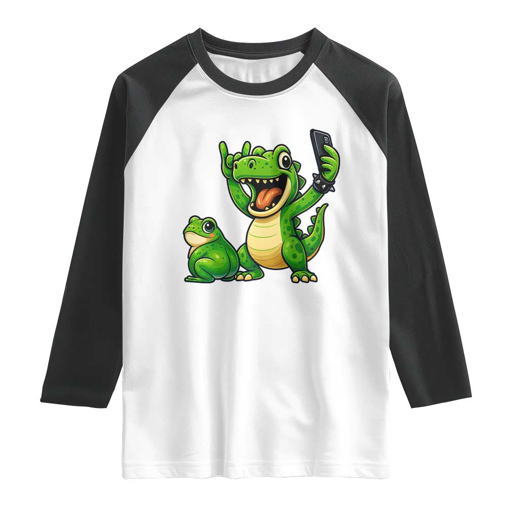 Funny Dinosaur Frog Selfie Raglan Shirt Rock On Hand TS14 White Black Print Your Wear