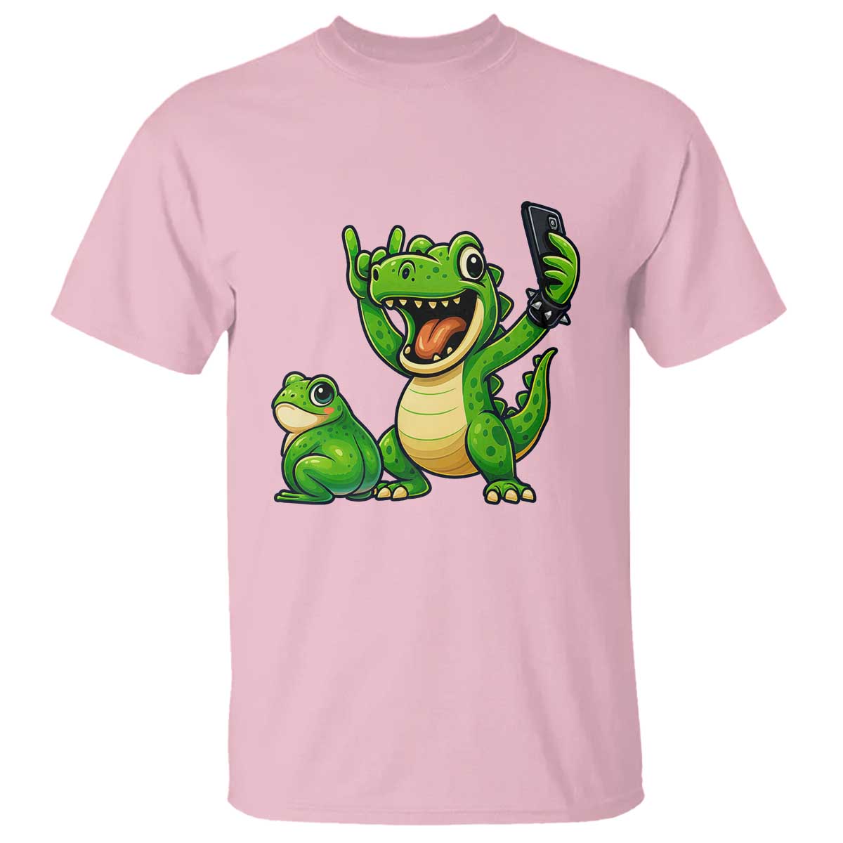 Funny Dinosaur Frog Selfie T Shirt Rock On Hand TS14 Light Pink Print Your Wear