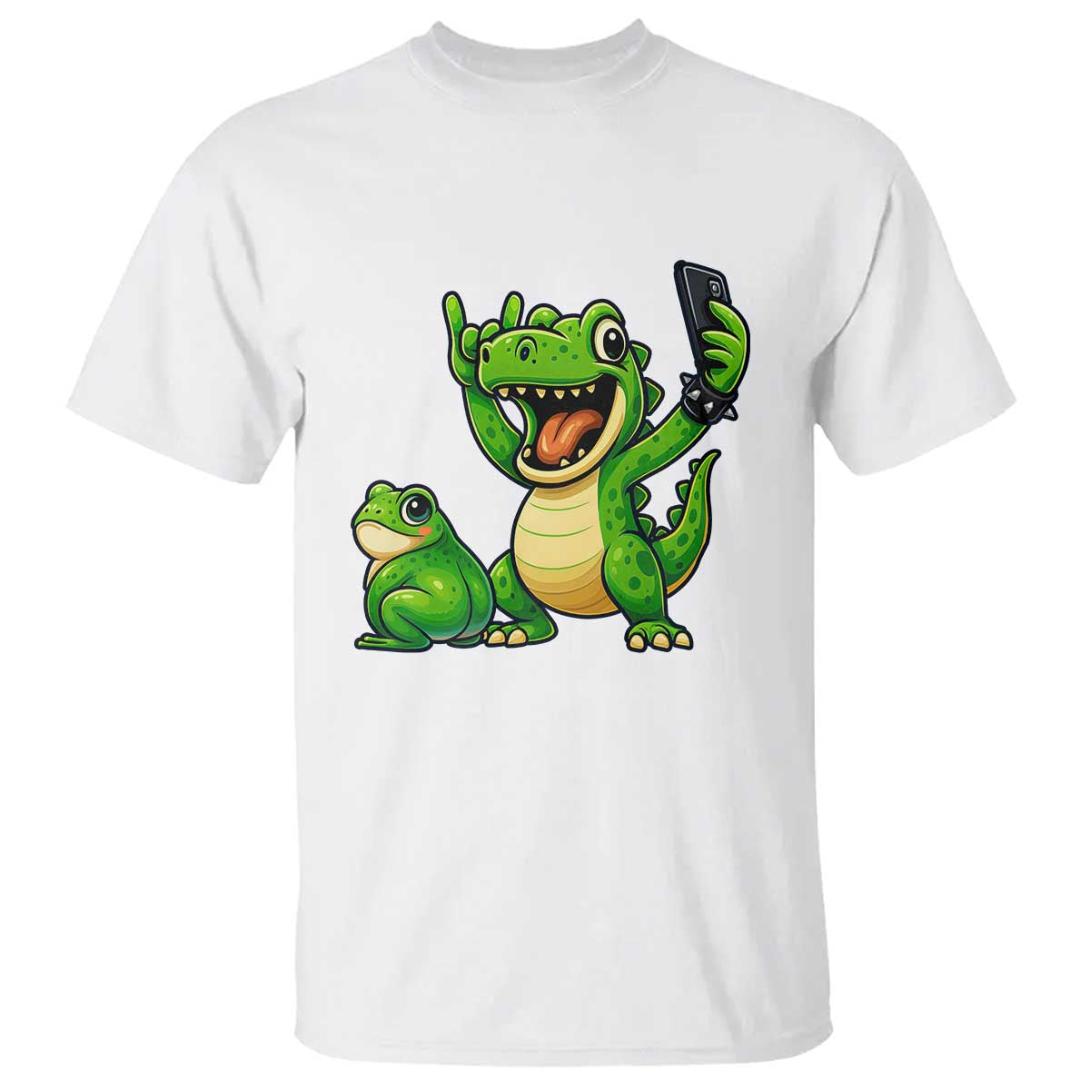 Funny Dinosaur Frog Selfie T Shirt Rock On Hand TS14 White Print Your Wear