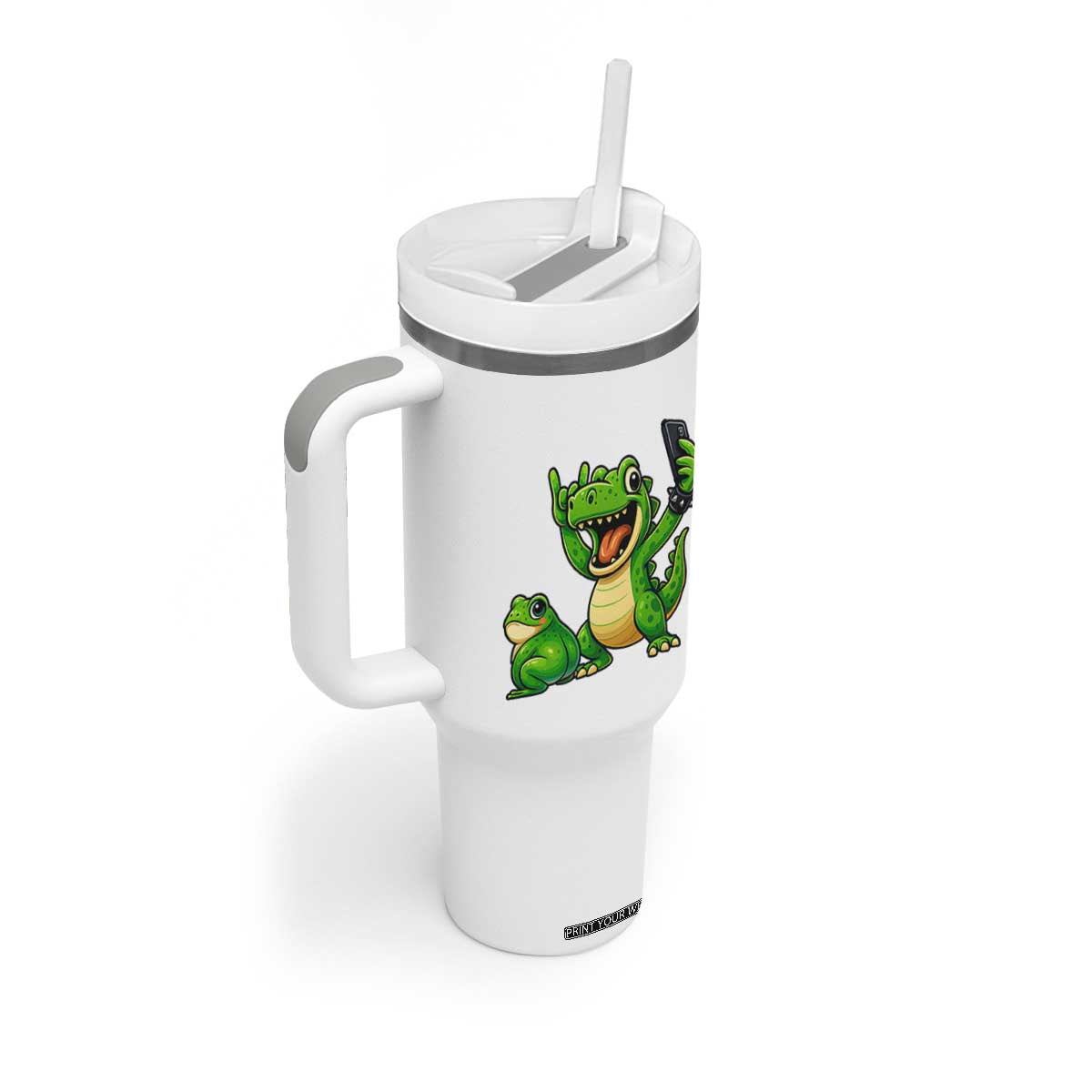 Funny Dinosaur Frog Selfie Tumbler With Handle Rock On Hand TS14 Print Your Wear