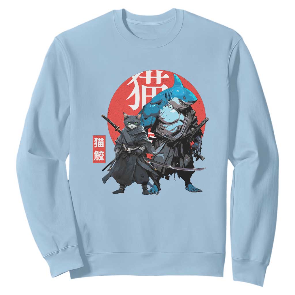 Samurai Cat Shark Sweatshirt Retro Japanese Animal Warrior Art TS14 Light Blue Print Your Wear