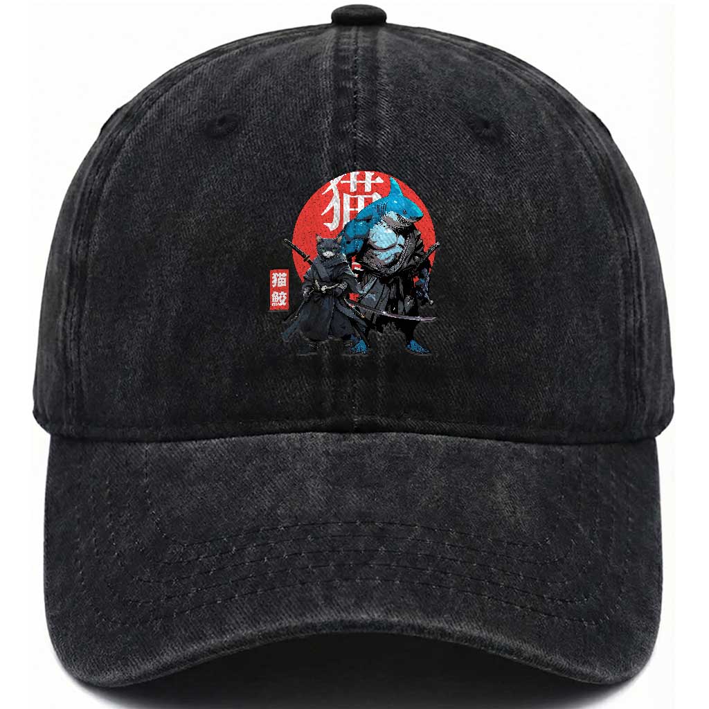 Samurai Cat Shark Washed Cotton Baseball Cap Retro Japanese Animal Warrior Art TS14 Washed Cap Universal Fit Black Print Your Wear