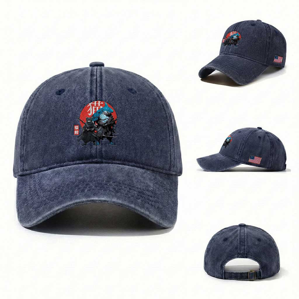 Samurai Cat Shark Washed Cotton Baseball Cap Retro Japanese Animal Warrior Art TS14 Washed Cap Universal Fit Navy Print Your Wear