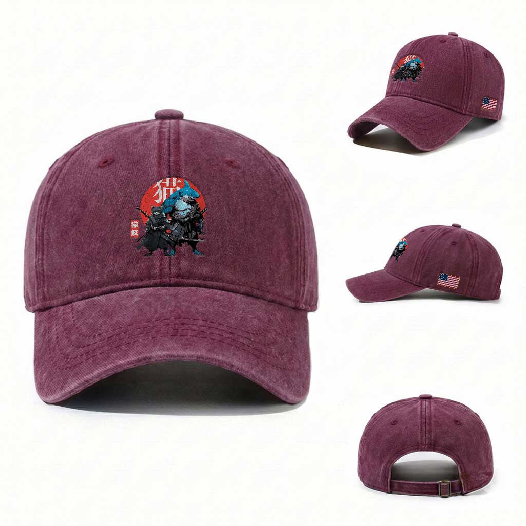 Samurai Cat Shark Washed Cotton Baseball Cap Retro Japanese Animal Warrior Art TS14 Washed Cap Universal Fit Burgundy Print Your Wear