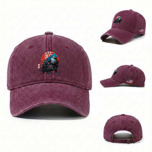 Samurai Cat Shark Washed Cotton Baseball Cap Retro Japanese Animal Warrior Art TS14 Washed Cap Universal Fit Burgundy Print Your Wear