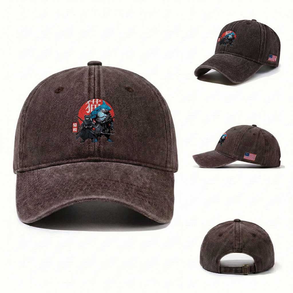 Samurai Cat Shark Washed Cotton Baseball Cap Retro Japanese Animal Warrior Art TS14 Washed Cap Universal Fit Dark Brown Print Your Wear
