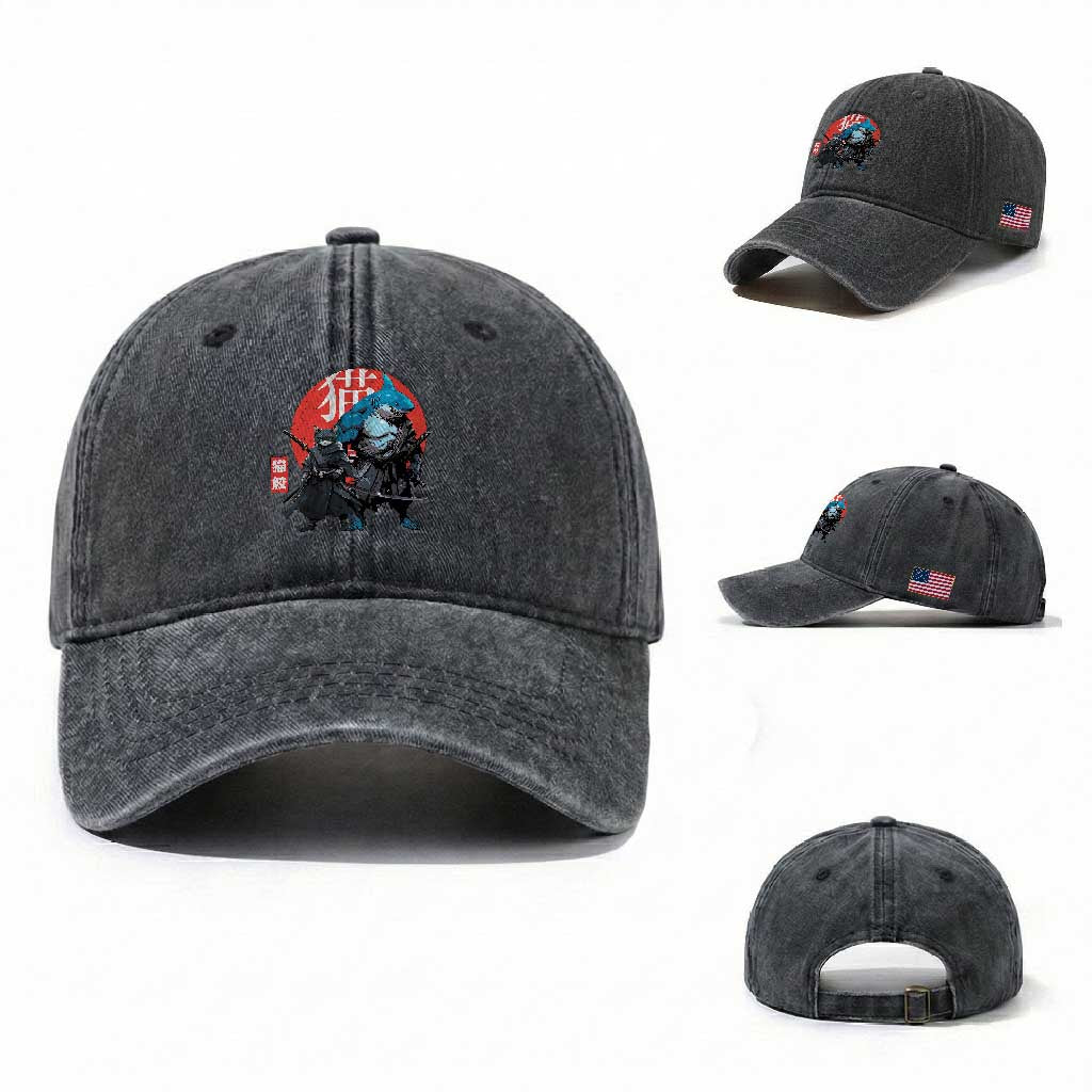 Samurai Cat Shark Washed Cotton Baseball Cap Retro Japanese Animal Warrior Art TS14 Washed Cap Universal Fit Dark Gray Print Your Wear