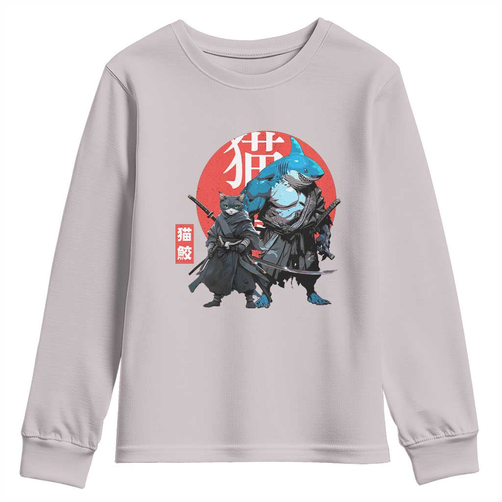Samurai Cat Shark Youth Sweatshirt Retro Japanese Animal Warrior Art TS14 Ice Gray Print Your Wear