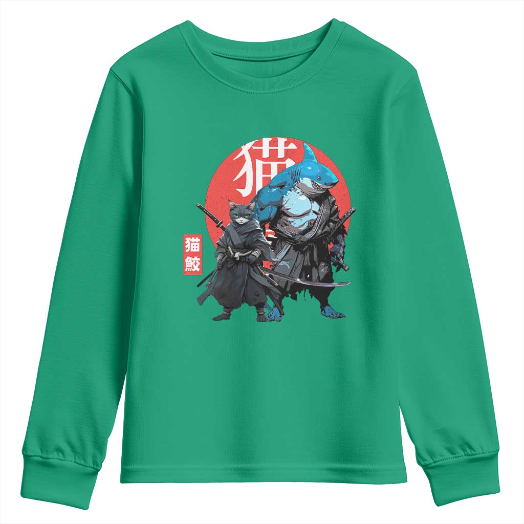 Samurai Cat Shark Youth Sweatshirt Retro Japanese Animal Warrior Art TS14 Irish Green Print Your Wear