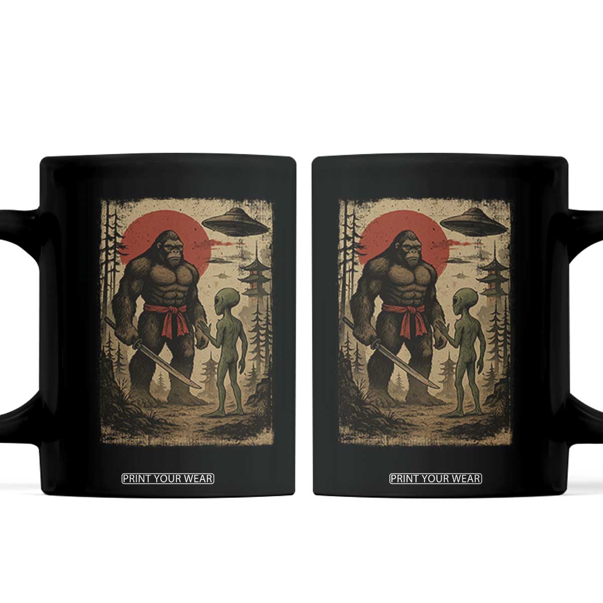 Samurai Bigfoot Japanese UFO Coffee Mug Sasquatch Ailen Ukiyo-e TS14 Black Print Your Wear