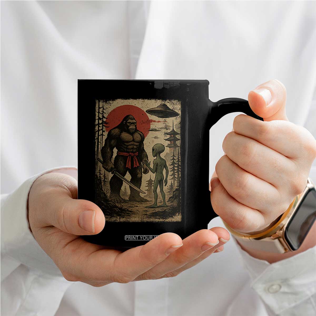 Samurai Bigfoot Japanese UFO Coffee Mug Sasquatch Ailen Ukiyo-e TS14 Print Your Wear