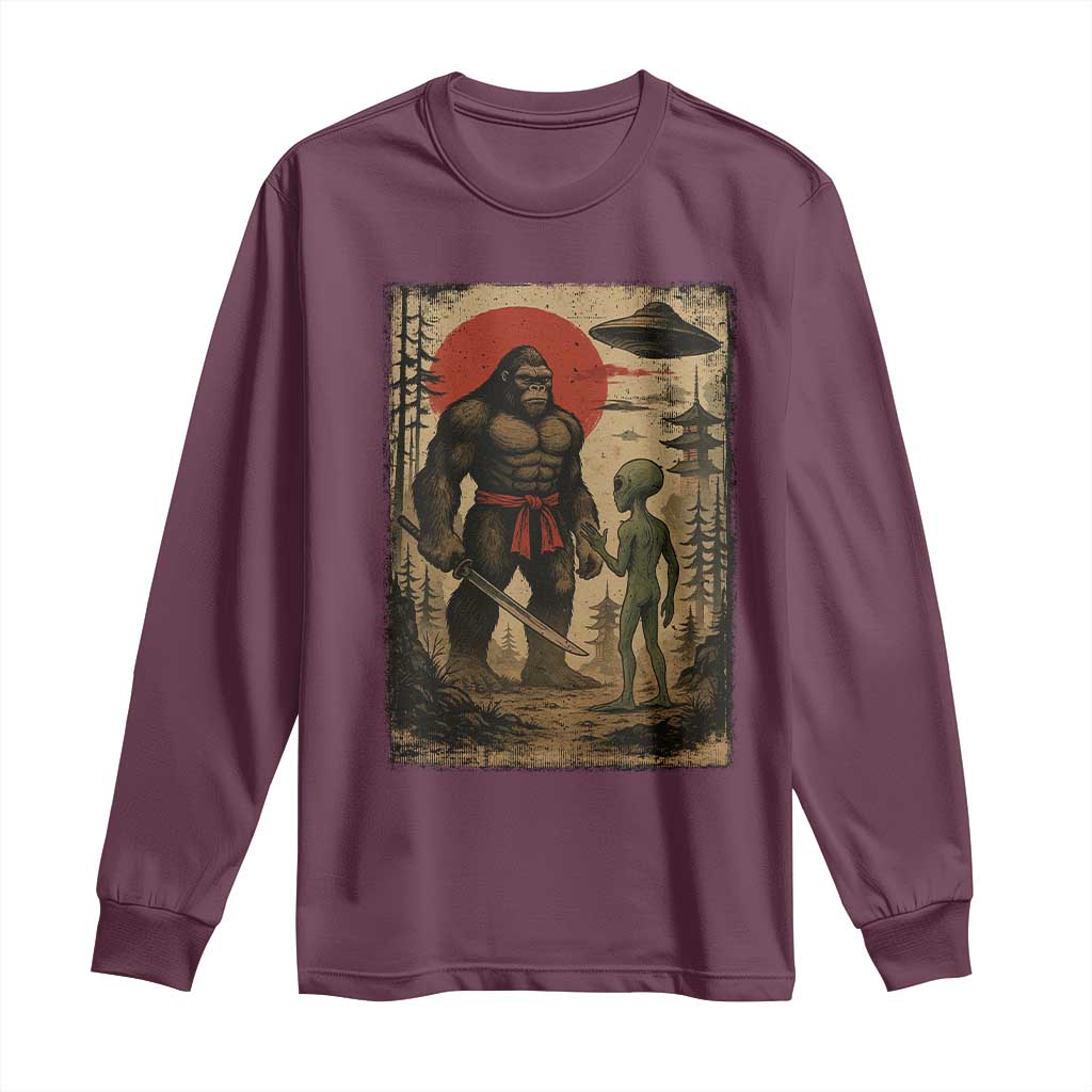 Samurai Bigfoot Japanese UFO Long Sleeve Shirt Sasquatch Ailen Ukiyo-e TS14 Maroon Print Your Wear
