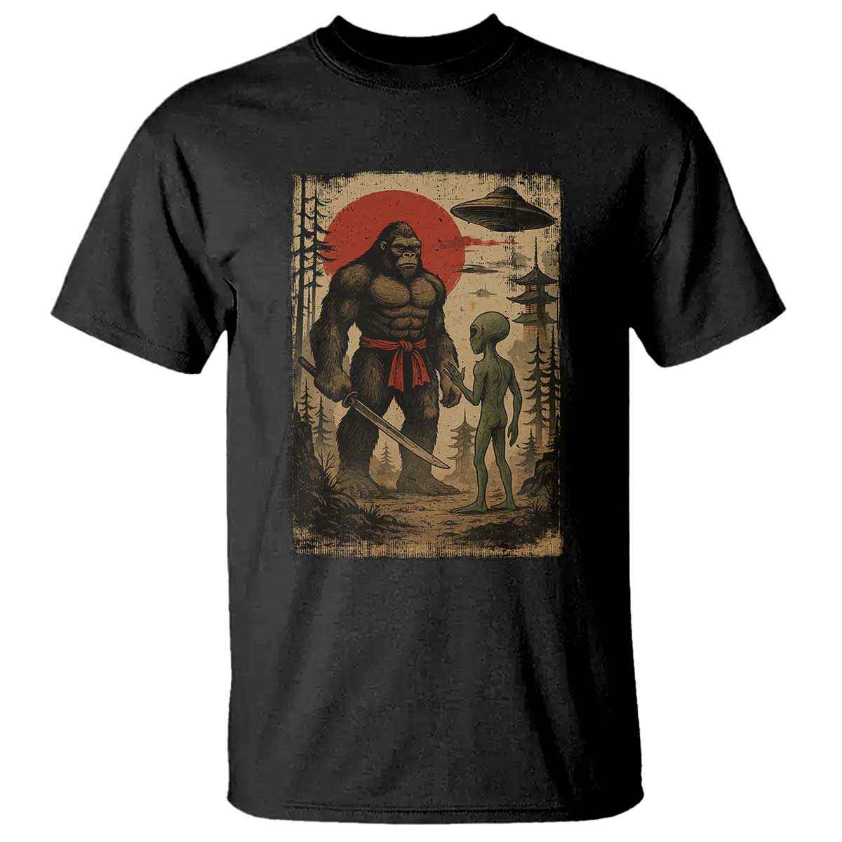 Samurai Bigfoot Japanese UFO T Shirt Sasquatch Ailen Ukiyo-e TS14 Black Print Your Wear