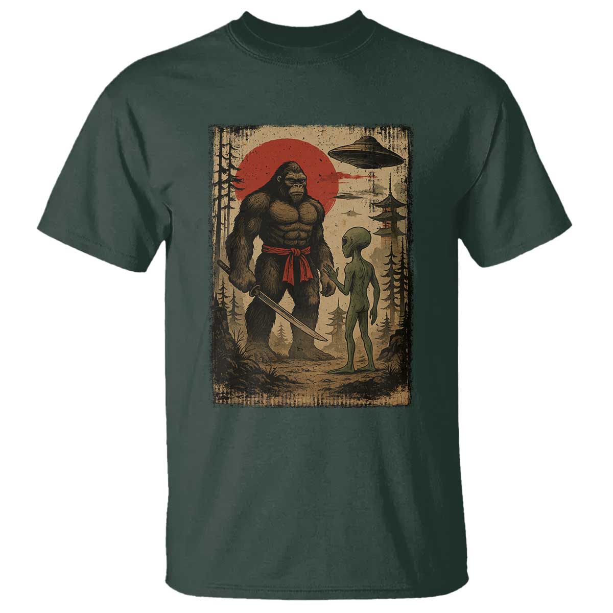 Samurai Bigfoot Japanese UFO T Shirt Sasquatch Ailen Ukiyo-e TS14 Dark Forest Green Print Your Wear
