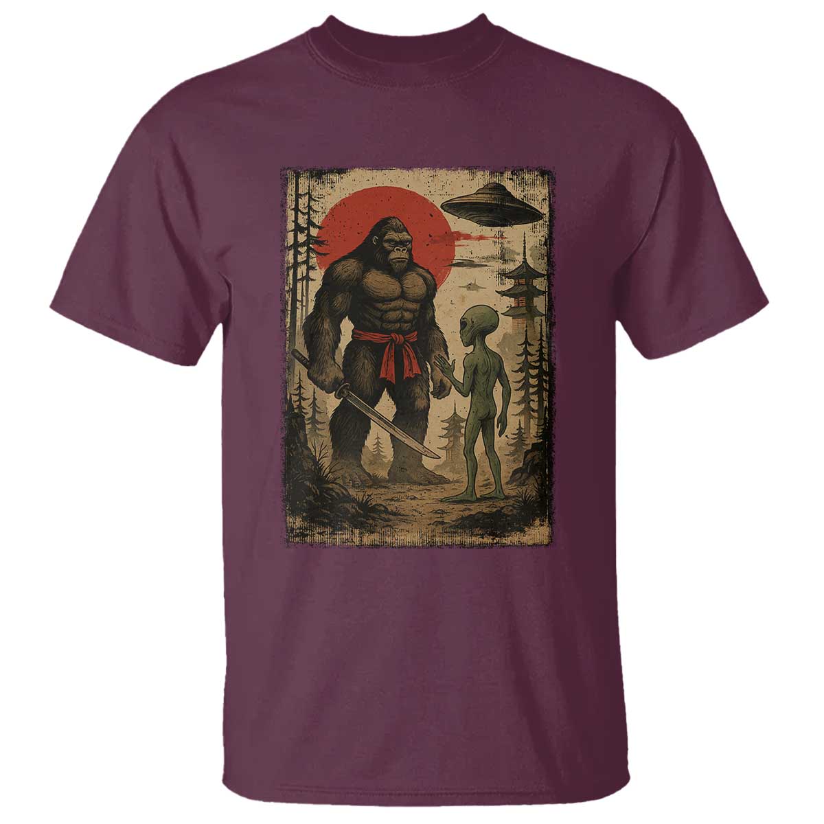 Samurai Bigfoot Japanese UFO T Shirt Sasquatch Ailen Ukiyo-e TS14 Maroon Print Your Wear